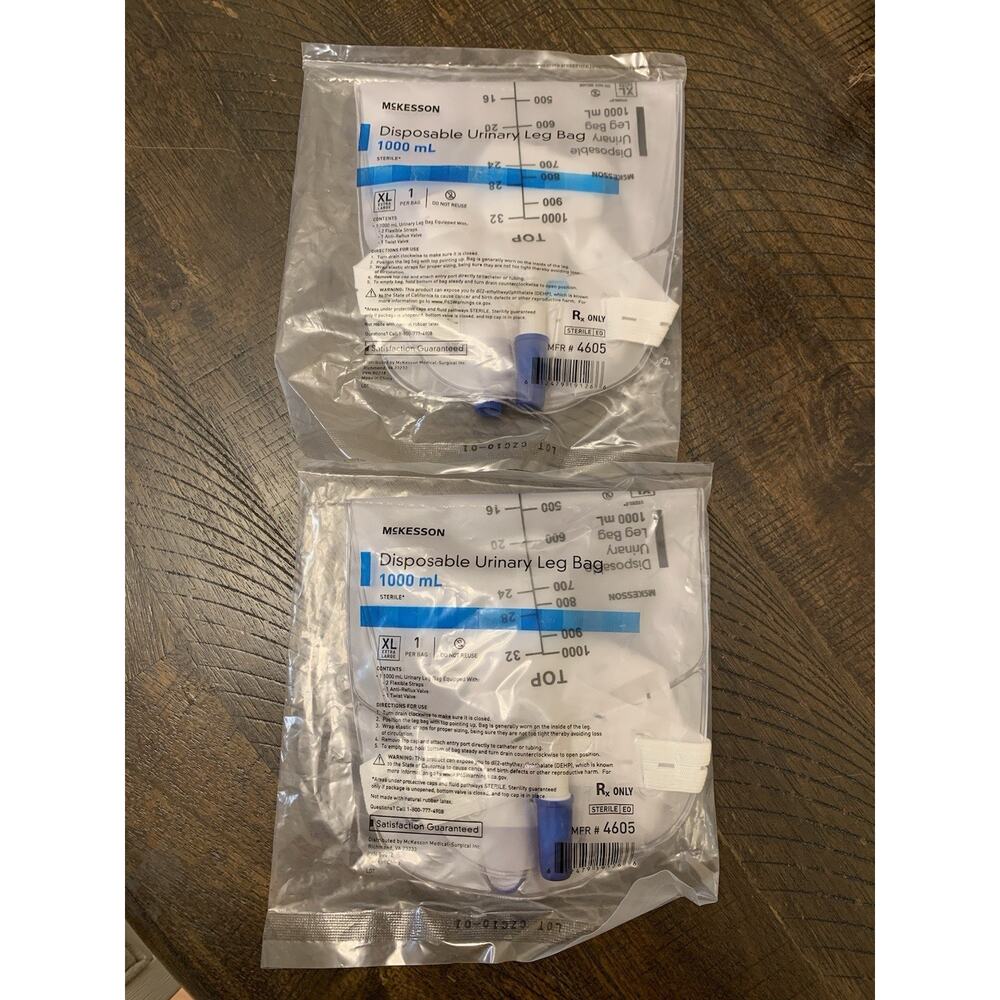 McKesson 4605 Urinary Leg Bag Anti-Reflux Valve Sterile 1000 ml Vinyl‎ Set Of 2
